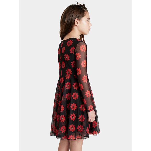 Desigual Girls Dress Size 13/14 Red Daisy Flowers Mesh Black Long Sleeve - Picture 4 of 8